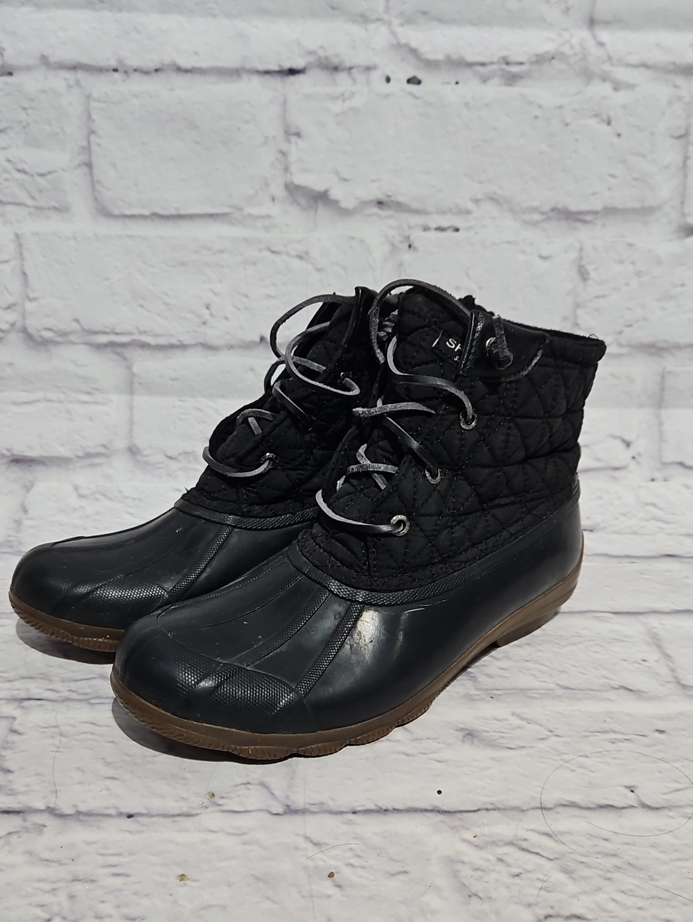 Sperry Black Quilted Lace-Up Duck Boots with Brown Sole